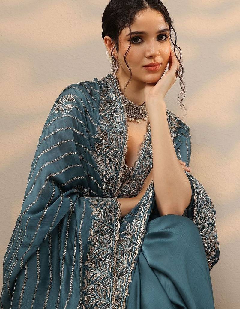 teal embellished banarasi chinon saree with unstitched blouse piece
