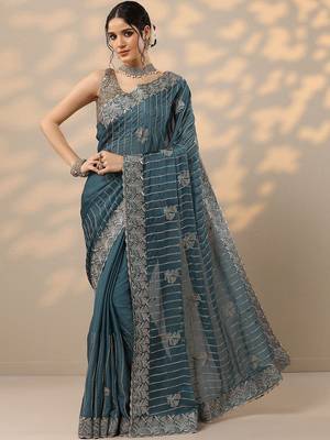 teal embellished banarasi chinon saree with unstitched blouse piece 2