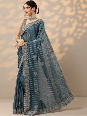 teal embellished banarasi chinon saree with unstitched blouse piece 3
