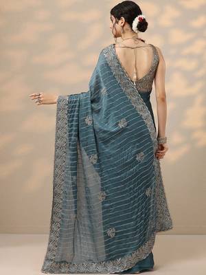 teal embellished banarasi chinon saree with unstitched blouse piece 4