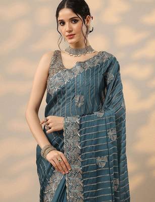 teal embellished banarasi chinon saree with unstitched blouse piece 5