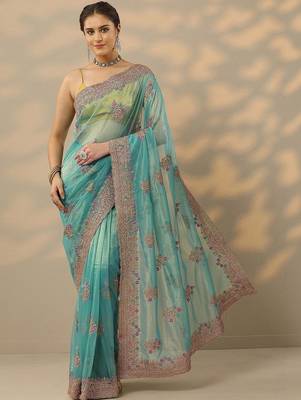 turquoise blue embroidered nylon saree with unstitched blouse piece 1