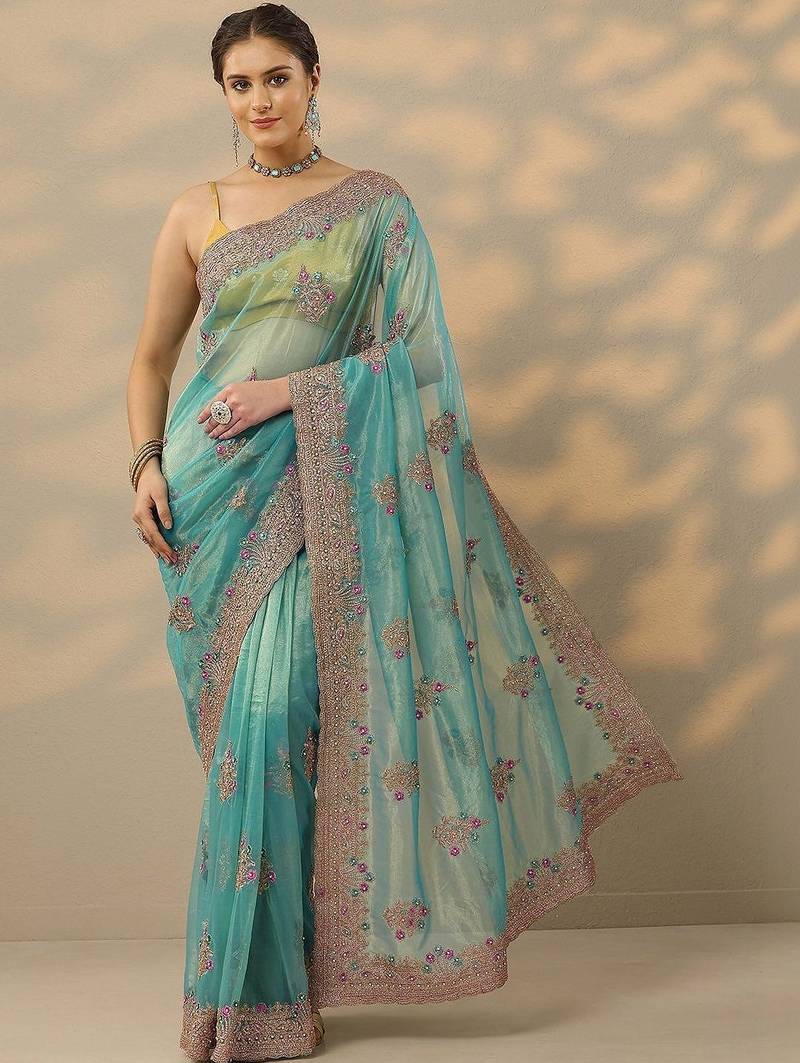turquoise blue embroidered nylon saree with unstitched blouse piece