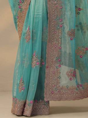 turquoise blue embroidered nylon saree with unstitched blouse piece 2
