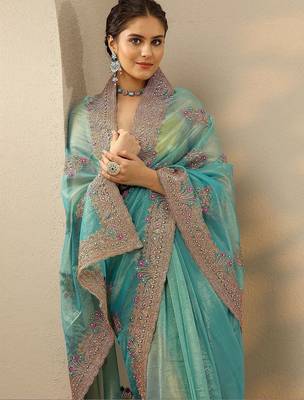 turquoise blue embroidered nylon saree with unstitched blouse piece 3