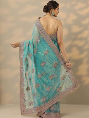 turquoise blue embroidered nylon saree with unstitched blouse piece 4