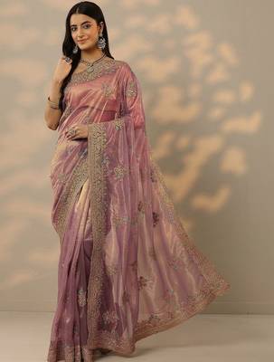 mauve embroidered nylon saree with unstitched blouse piece 1
