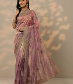 mauve embroidered nylon saree with unstitched blouse piece