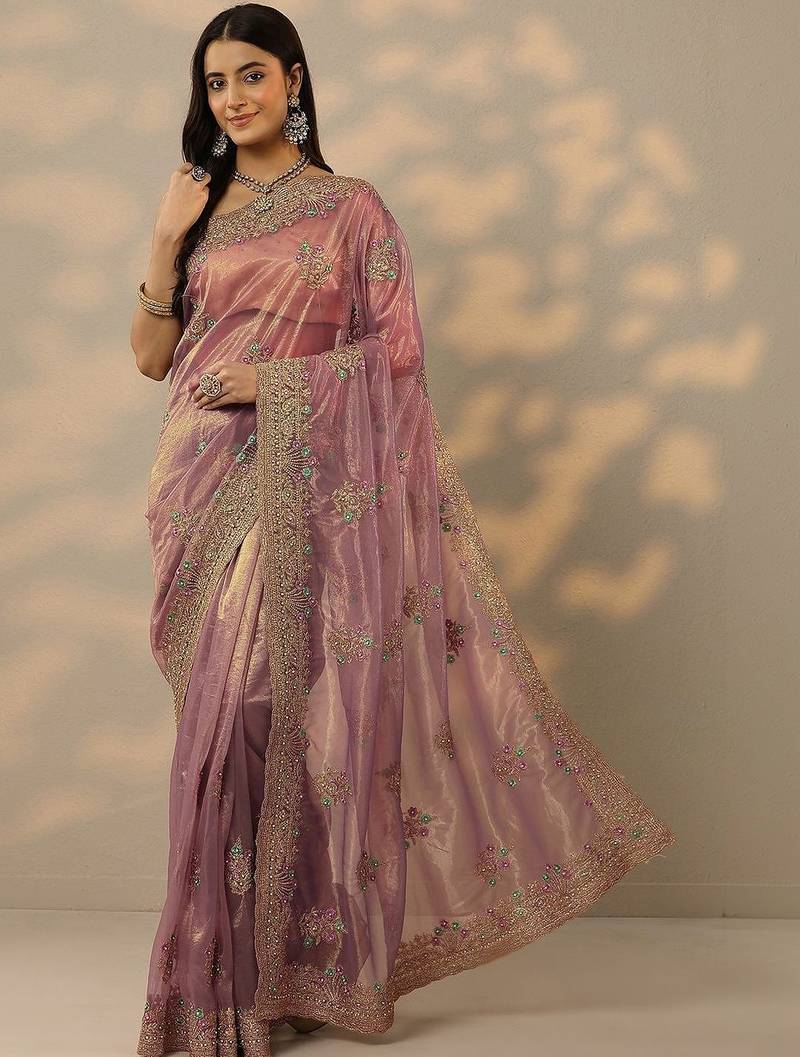 mauve embroidered nylon saree with unstitched blouse piece