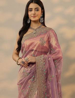 mauve embroidered nylon saree with unstitched blouse piece 2