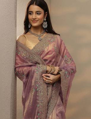 mauve embroidered nylon saree with unstitched blouse piece 3