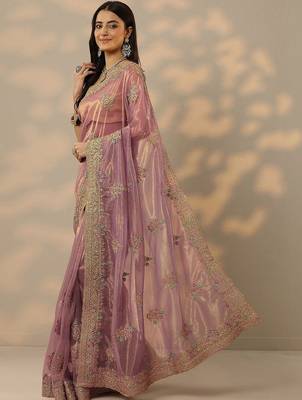 mauve embroidered nylon saree with unstitched blouse piece 5