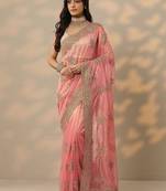 pink embroidered nylon saree with unstitched blouse piece