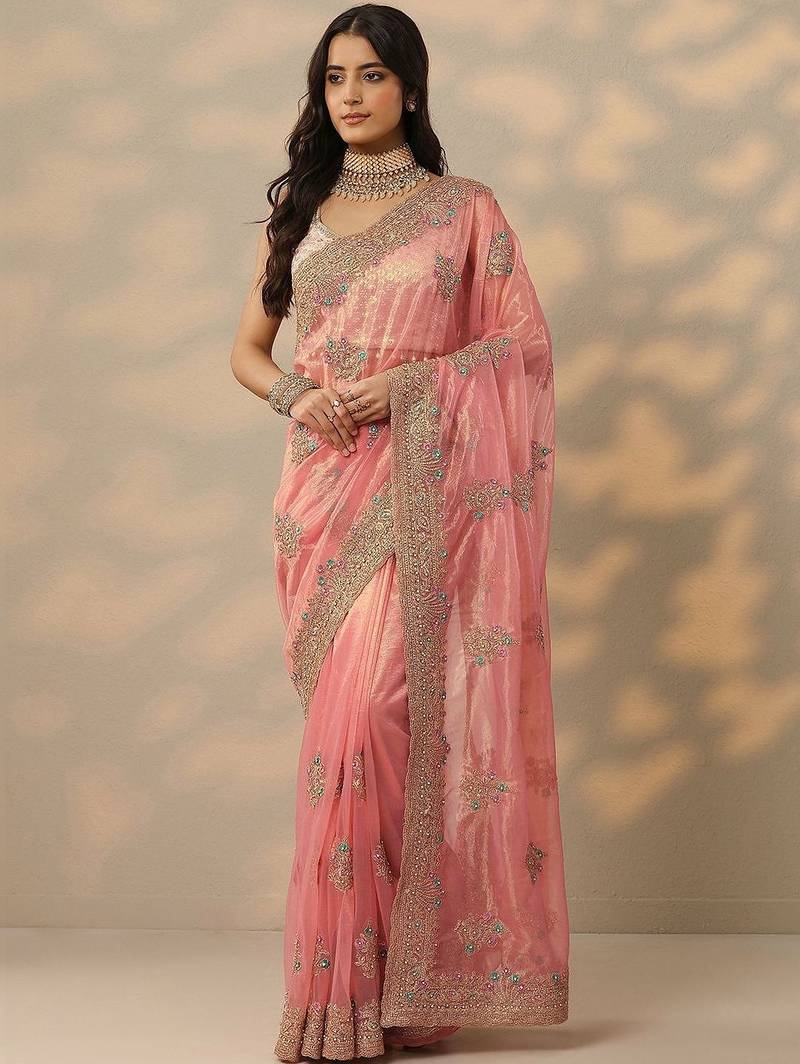 pink embroidered nylon saree with unstitched blouse piece