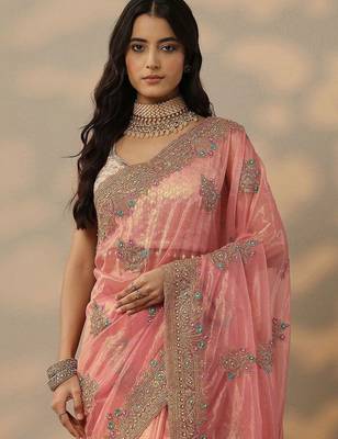 pink embroidered nylon saree with unstitched blouse piece 2