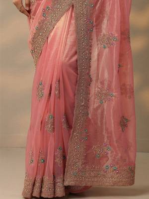 pink embroidered nylon saree with unstitched blouse piece 3