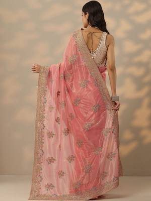 pink embroidered nylon saree with unstitched blouse piece 5