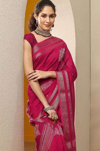 pink printed saree with unstitched blouse piece