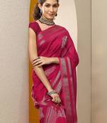 pink printed saree with unstitched blouse piece