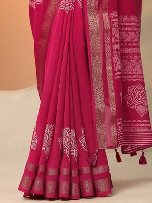 pink printed saree with unstitched blouse piece 3