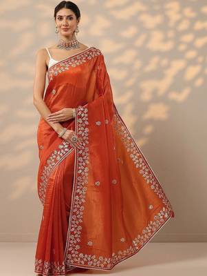 orange embroidered organza saree with unstitched blouse piece 1