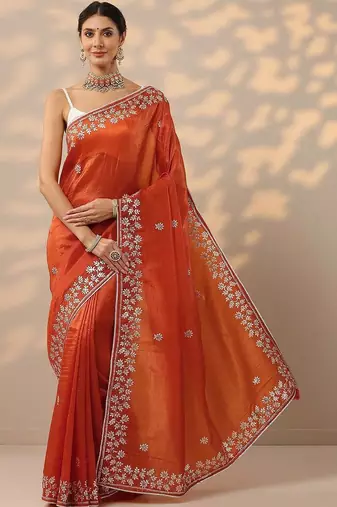 orange embroidered organza saree with unstitched blouse piece
