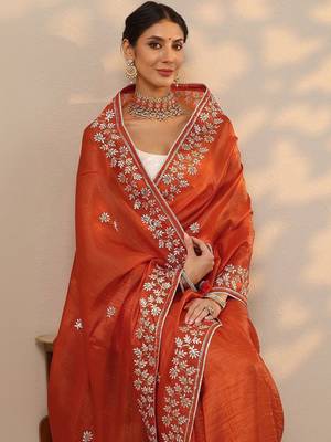 orange embroidered organza saree with unstitched blouse piece 2