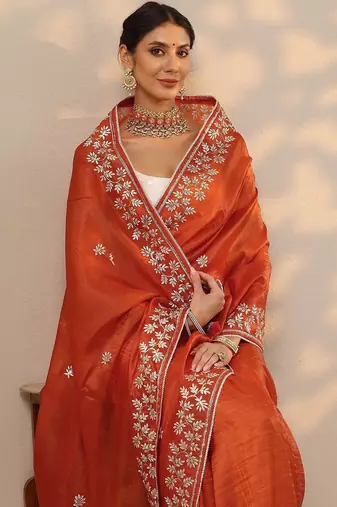 orange embroidered organza saree with unstitched blouse piece