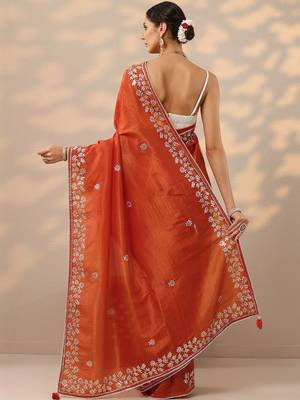 orange embroidered organza saree with unstitched blouse piece 3