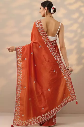 orange embroidered organza saree with unstitched blouse piece