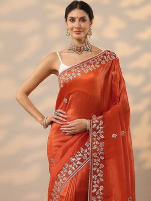 orange embroidered organza saree with unstitched blouse piece 5