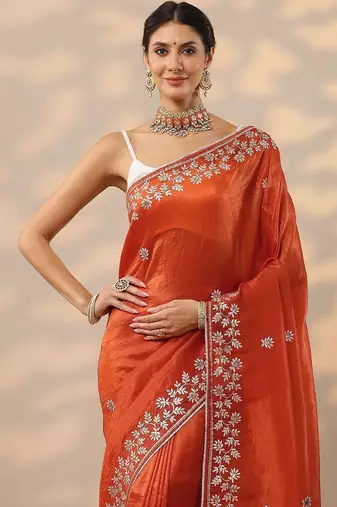 orange embroidered organza saree with unstitched blouse piece