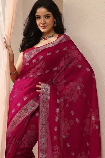 magenta woven design saree with unstitched blouse piece