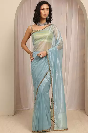 blue woven design net saree with unstitched blouse piece