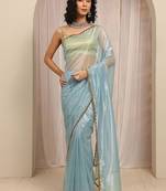 blue woven design net saree with unstitched blouse piece