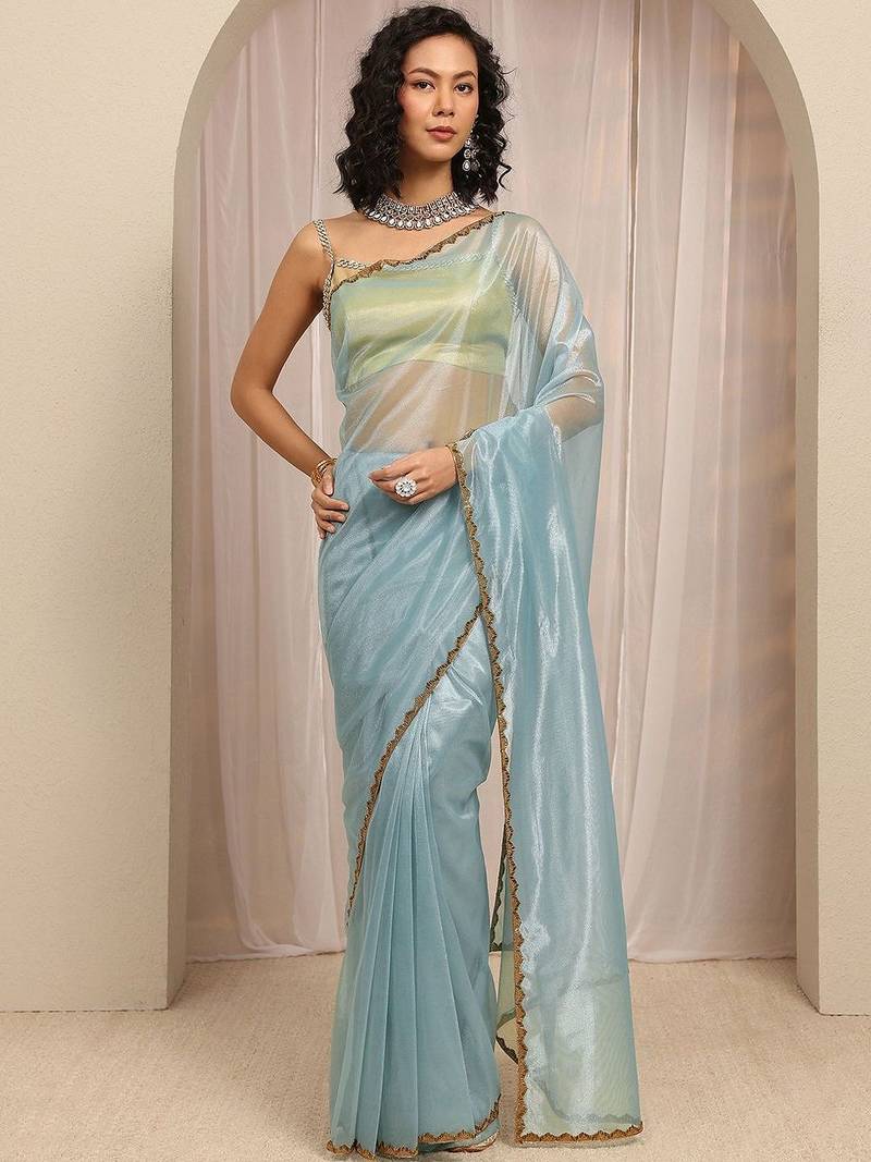 blue woven design net saree with unstitched blouse piece