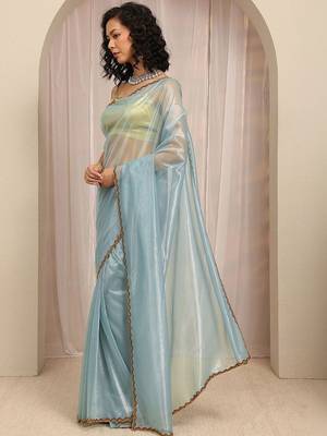 blue woven design net saree with unstitched blouse piece 2