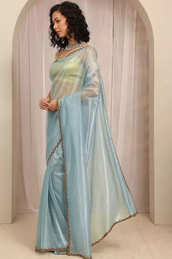 blue woven design net saree with unstitched blouse piece
