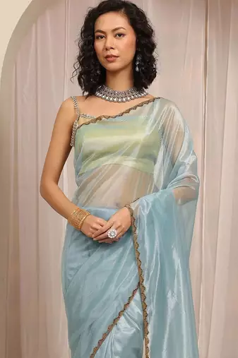 blue woven design net saree with unstitched blouse piece
