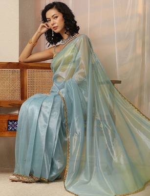 blue woven design net saree with unstitched blouse piece 4