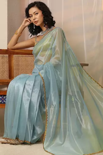 blue woven design net saree with unstitched blouse piece