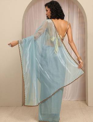 blue woven design net saree with unstitched blouse piece 5