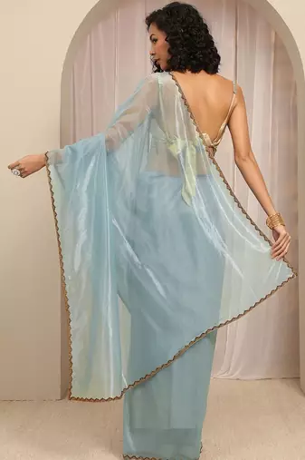 blue woven design net saree with unstitched blouse piece