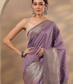 purple woven design saree with unstitched blouse piece