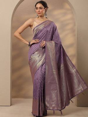 purple woven design saree with unstitched blouse piece 3