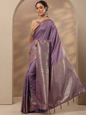 purple woven design saree with unstitched blouse piece 4