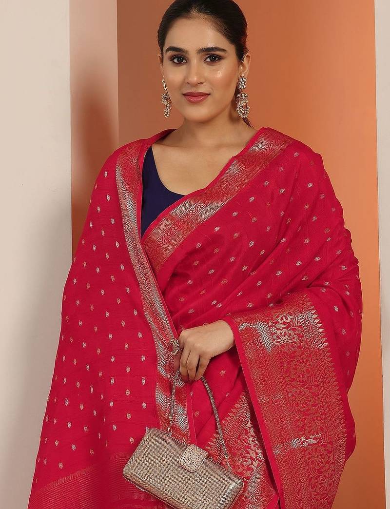 red woven design saree with unstitched blouse piece