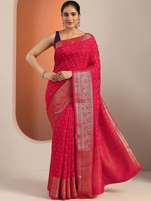 red woven design saree with unstitched blouse piece 2