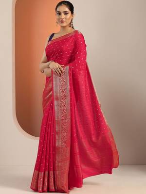 red woven design saree with unstitched blouse piece 3