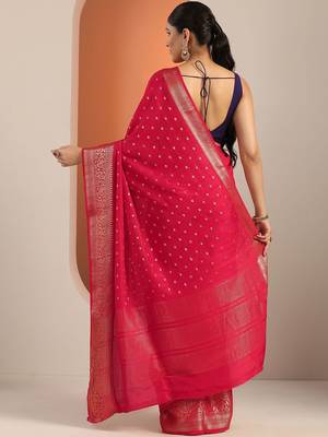 red woven design saree with unstitched blouse piece 4